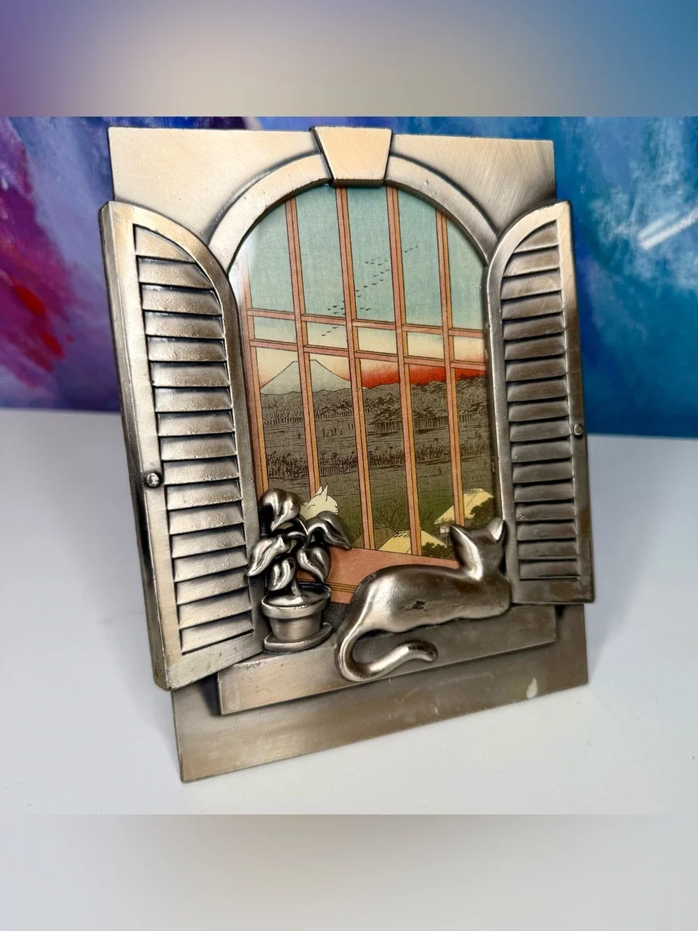 Cat in Window Picture Photo Frame Silver Tone Vintage for 4x6 Photograph Whimsy
